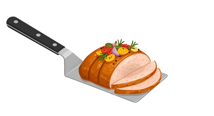 Cooked turkey on a serving spatula garnished with herbs and veggies