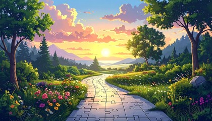 Serene mountain path at sunrise