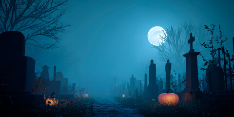 Spooky steampunk graveyard at night.