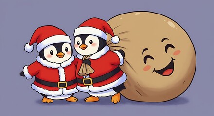 Festive penguins carry gift bag illustration on light purple background