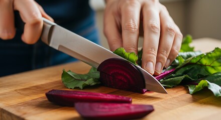 Cutting fresh beetroots on a wooden board healthy food preparation