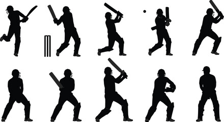 Cricket batsman silhouettes, player batting and fielding poses, cricket match vector, sports activity artwork, team competition illustration, cricket design elements