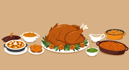 Festive table spread with a roast turkey centerpiece and various side dishes