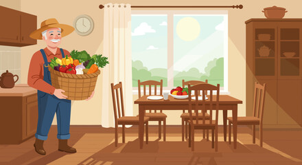 Farmer indoors holding produce basket dining set present