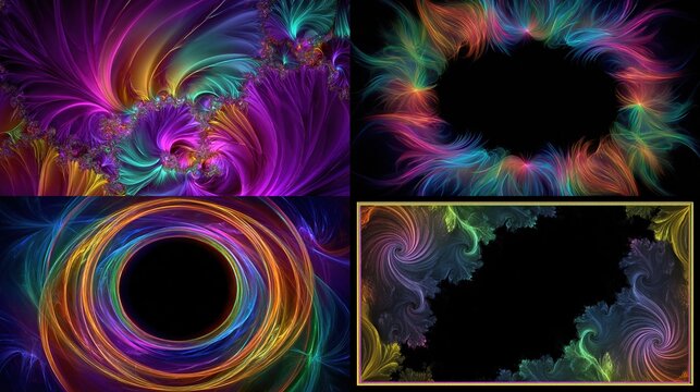 Four vibrant abstract fractal images with swirling colorful patterns and black backgrounds