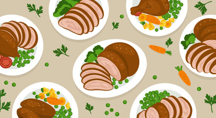 Food plates display turkey slices with peas carrots and broccoli on a tan surface