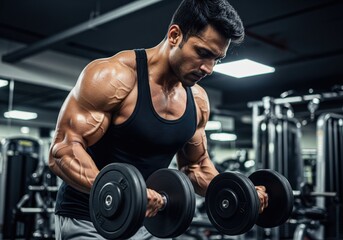 Indian muscular man wearing a black tank top is intensely lifting dumbbells in a modern gym with visible equipment and strong lighting enhancing his physique