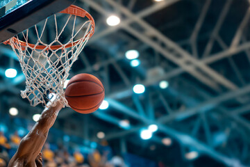 Basketball missing hoop during game.