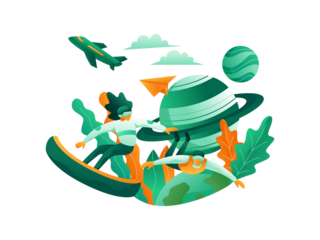 Abstract Illustration of People Floating Around a Green Planet with a Transparent Background