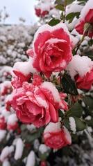 Rose bushes coverd by snow nature outdoors blossom.