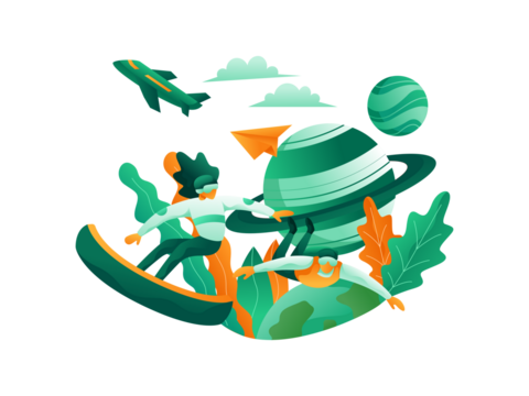 Abstract Illustration of People Floating Around a Green Planet with a Transparent Background