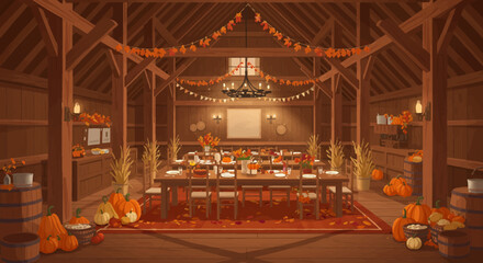 Interior barn set for a festive meal Autumnal decor adorns the wooden structure © G Factory