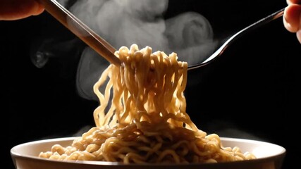 Bowl of steaming noodles being eaten with chopsticks and a fork against a dark background