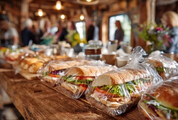 A close-up shot showcases a variety of sandwiches, neatly packaged, arranged on a rustic wooden , ready to be enjoyed.
