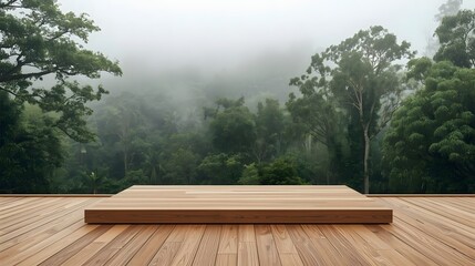 A minimalist wooden platform in front of a misty green forest.
