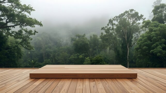 A minimalist wooden platform in front of a misty green forest.