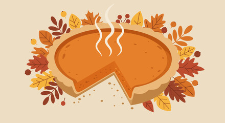 Pumpkin pie with a slice missing surrounded by autumn leaves and berries against a light beige background