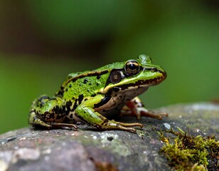 Obraz premium Close-up of a green frog on a mossy rock