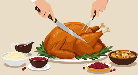 Roasted turkey is being cut with serving fork and knife amid sides like stuffing mashed potatoes and cranberry sauce