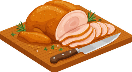 Sliced roasted turkey on a cutting board with a knife and herbs
