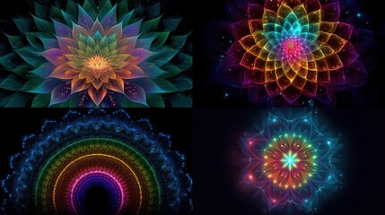 and keywords based on the image you provided
Four fractal flower designs in jewel tones on black backgrounds, digital art graphics