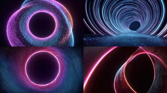 and keywords based on the images provided


Abstract Geometric Shapes Glowing in Neon Colors, Tunnel, Donut, Spirals Against Dark Background - Powered by Adobe