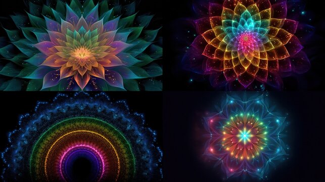 and keywords based on the image you provided

 Four fractal flower designs in jewel tones on black backgrounds, digital art graphics