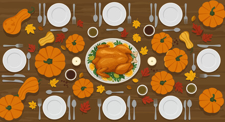 Thanksgiving spread roast turkey center place settings with pumpkins squash leaves candles sauces on a wood table