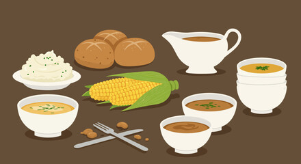 Thanksgiving table with mashed potatoes rolls gravy boat corn soup bowls and utensils