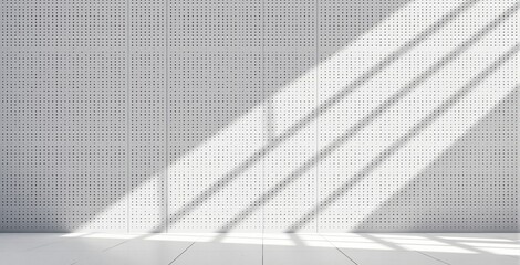 Abstract architectural concept with perforated white metal wall panels and diagonal shadows in minimal interior design space lit by sunlight beams. Ai generative