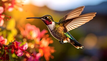 Fototapeta premium Hummingbird in flight amongst flowers
