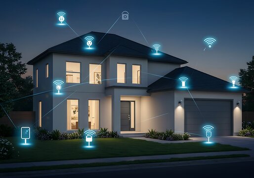 Modern two-story house at dusk with glowing smart home technology icons connected to the building, showcasing automation and connectivity.