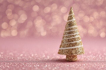 Golden and white glitter decoration celebrate minimal Christmas tree on pink background