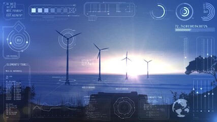 Offshore wind farm at sunset with digital interface showing data and statistics - Powered by Adobe