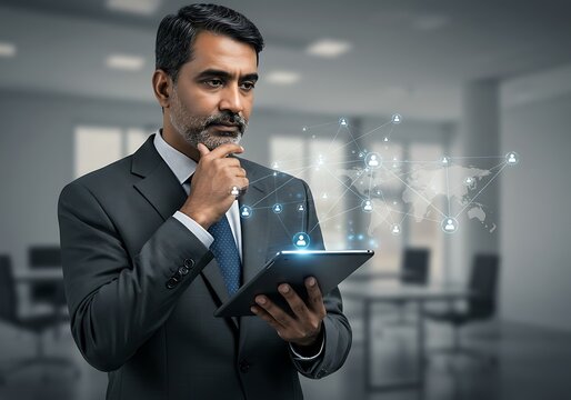 A thoughtful businessman in a suit examines a tablet displaying a glowing digital network and world map, contemplating business strategy in a modern office.