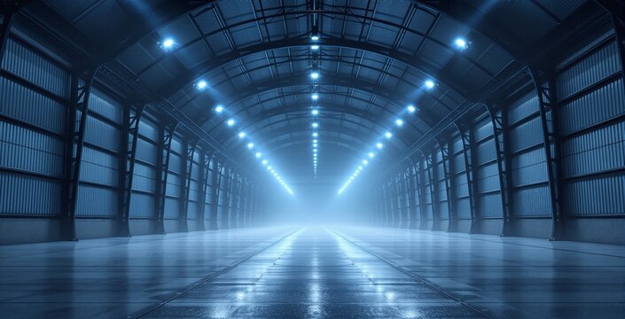 Futuristic tunnel interior with blue lighting and symmetrical metal design in a misty industrial setting, concept of sci-fi architecture and innovation. Ai generative