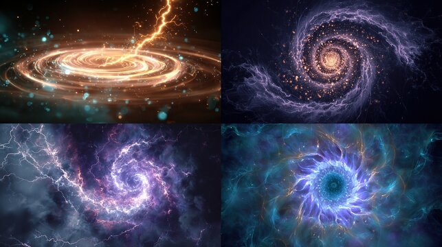 Four cosmic displays showcasing swirling patterns, lightning, and ethereal beauty