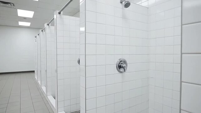 Clean and modern public shower facilities in an empty gym locker room featuring bright white tiled walls chrome fixtures and a hygienic environment