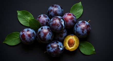 Fototapeta premium Fresh plums with green leaves against a dark background