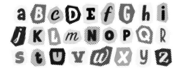 Retro pixelated letters design. Black halftone alphabet. Comic pop art cut out font. Rasterized bitmap English alphabet. Old fashioned newspapers typography set. Vector aged textured dotted abc pack