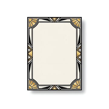 "Vintage Art Deco Glamour": A frame inspired by the 1920s with bold, symmetrical lines, fan or sunburst motifs, and a metallic color palette (like gold or silver).
