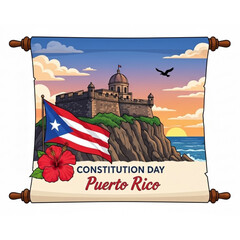 Puerto Rico Constitution Day Celebration - Historic Fortress, Flag, and Tropical Flower at Sunset