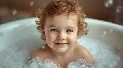 Joyful child with curly hair smiling in a bubble bath.