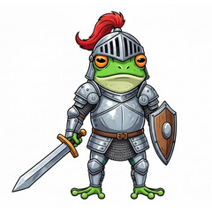 Fototapeta premium A brave and valiant frog knight in shining armor, wielding a sword and shield, ready for a medieval adventure in a fantastical realm