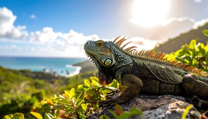Lizard on rocky outcrop overlooking ocean