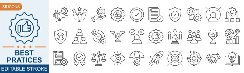 Best practices line editable icon set collection. Performance, standards, workflow, guidelines, improvement, protocols, procedures, methodology, and more. Vector illustration eps 10