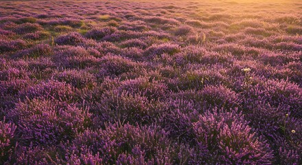 Field of lavender flowers bathed in warm sunlight during golden hour