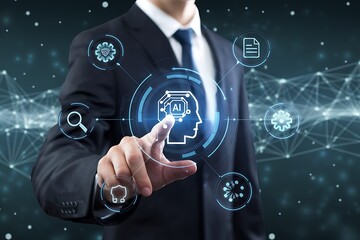 AI agent and generative artificial intelligence. Robotic processes automation and data analysis. Businessman touching head and AI icon on application network system.