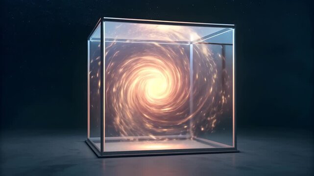 Illustration of a mesmerizing vortex of energy swirls within a transparent cube, creating a captivating display of light and motion, against a dark background 4k hd video download