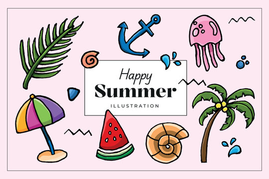 Playful cartoon style vector art with iconic summer objects and tropical motifs for fun holiday and vacation themed graphic design projects